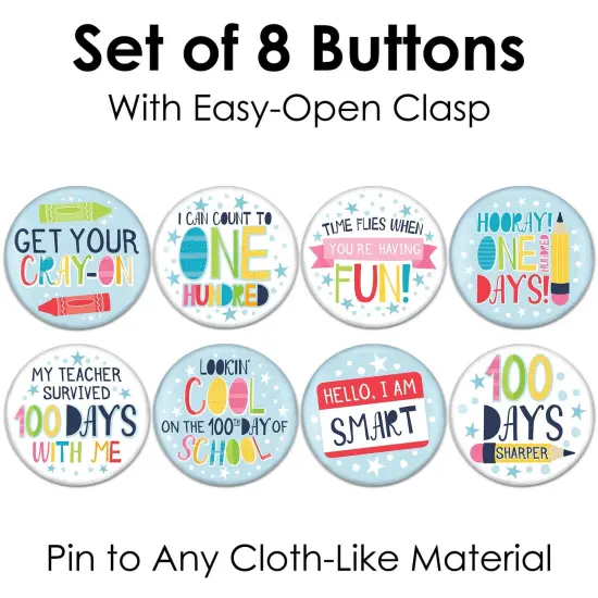 Big Dot of Happiness Happy 100th Day of School - 3 inch 100 Days Party Badge - Pinback Buttons - Set of 8 {7}
