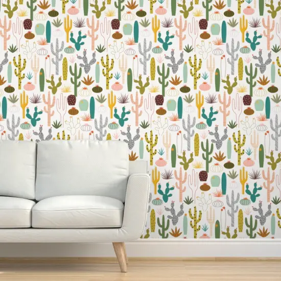 Pre-Pasted Wallpaper 2FT Wide Mod Desert Cactus Garden Succulent Midcentury Modern Botanical Nature Custom Pre-pasted Wallpaper by Spoonflower {5}