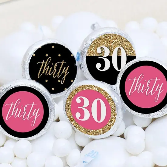 Big Dot of Happiness Chic 30th Birthday - Pink, Black and Gold - Round Candy Sticker Favors - Labels Fits Chocolate Candy (1 sheet of 108) {4}