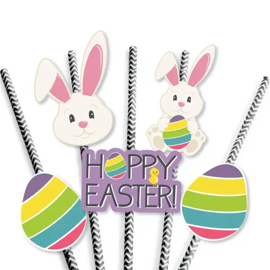 Big Dot of Happiness Hippity Hoppity Paper Straw Decor - Easter Bunny Party Striped Decorative Straws - Set of 24 {6}