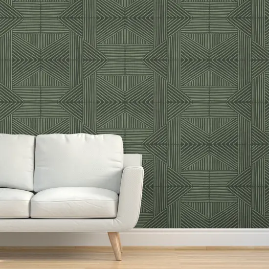 Peel & Stick Wallpaper 2FT Wide Modern Mudcloth Mosaic Green Farmhouse Boho Geometric Bohemian Diamond Custom Removable Wallpaper by Spoonflower {5}