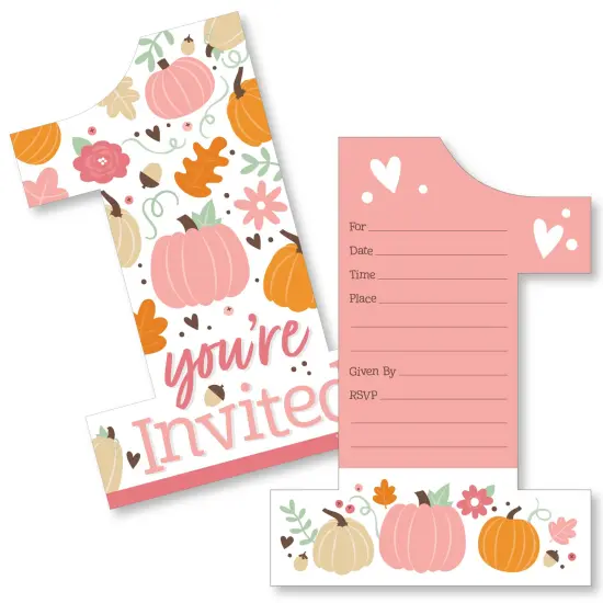 Big Dot of Happiness 1st Birthday Girl Little Pumpkin - Shaped Fall First Birthday Party Invitation Cards with Envelopes - Set of 12 {1}