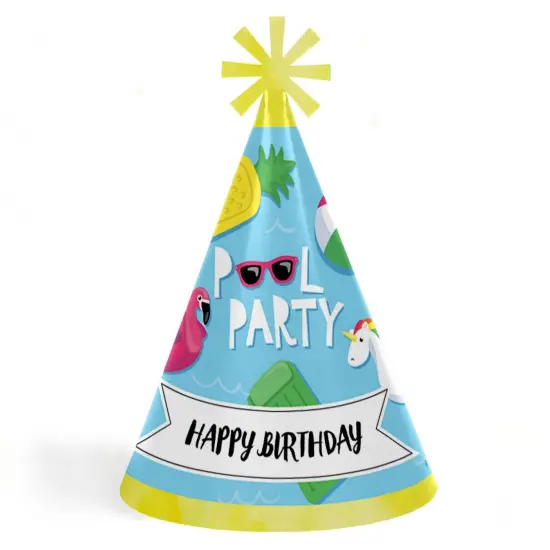 Big Dot of Happiness Make a Splash - Pool Party - Cone Happy Birthday Party Hats for Kids and Adults - Set of 8 (Standard Size) {1}