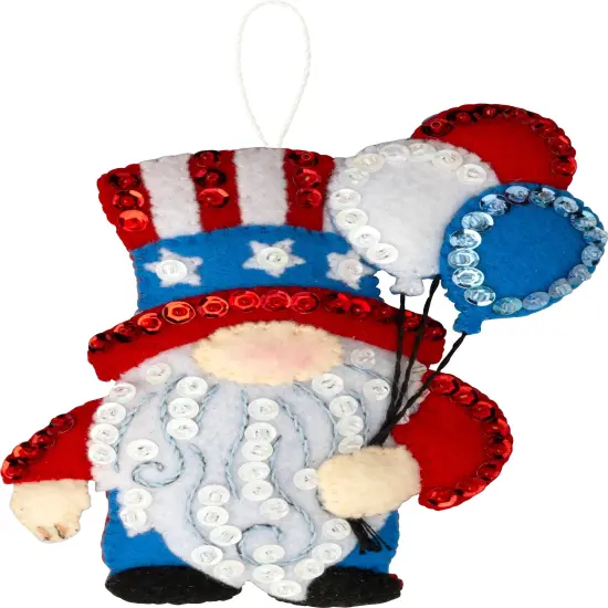 Bucilla Felt Ornaments Applique Kit Set Of 4-Red, White & Blue Gnomes {4}