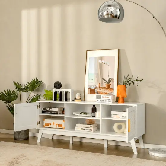 TV Stand Entertainment Media Console with 2 Rattan Cabinets and Open Shelves-White {3}