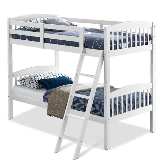 Wood Bunk Bed Twin with Inclined Ladder, Convertible, Safe and Space-Saving White {2}