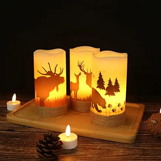 Flameless Flickering Led Candles with Hemp Rope and 6H Timer, Battery Operated Set of 3 Real Wax Pillar Rustic Candles Warm Light with Deer, Moose, Bear Decals Decor Christmas Home(D3 x H6) {5}