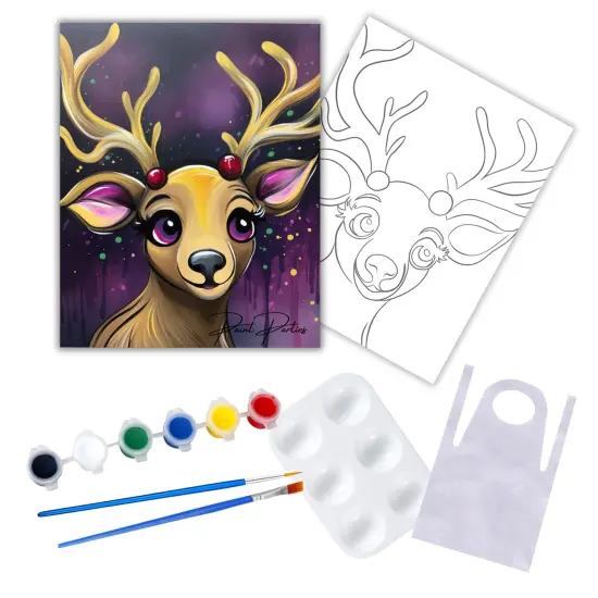 "Whimsical Reindeer" DIY Canvas Art Kit, Adult Beginner, Acrylic Paint Size 11x14 inch {1}