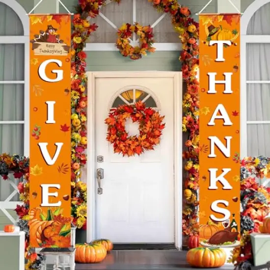 Thanksgiving Decorations GIVE THANKS Banner Porch Door Sign Autumn Fall Welcome Banner For Indoor Outdoor Wall Thanksgiving Decorations For Home {4}
