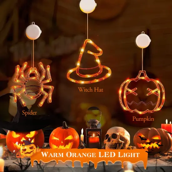 Halloween Window Light - 3 Pack of Spider Witch Hat Pumpkin Orange Light | Hanging Halloween Decoration Light with Suction Cup and Hanging Holes {3}