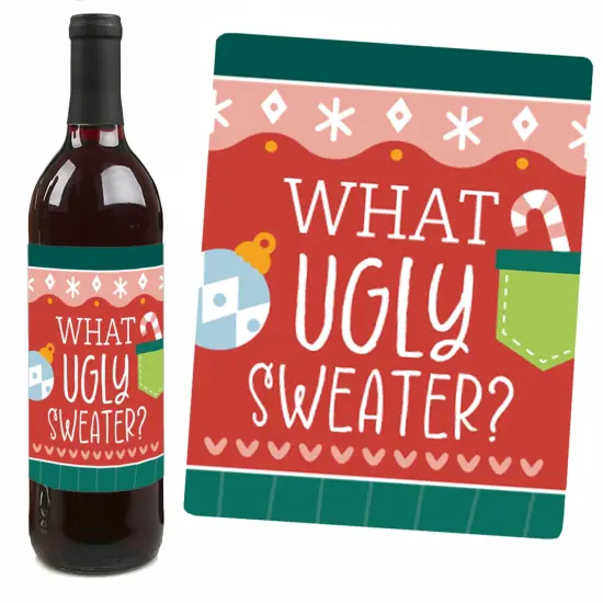 Big Dot of Happiness Colorful Christmas Sweaters - Ugly Sweater Holiday Party Decorations for Women and Men - Wine Bottle Label Stickers - Set of 4 {7}