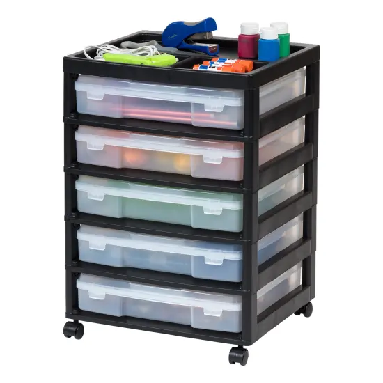 IRIS USA 5 Drawers 12&rdquo; x 12&rdquo; Scrapbook Plastic Rolling Storage Cart with Organizer Top with Casters, Black/White {7}