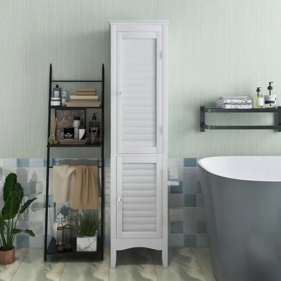 Tall Bathroom Floor Cabinet with Shutter Doors and Adjustable Shelf-White {2}
