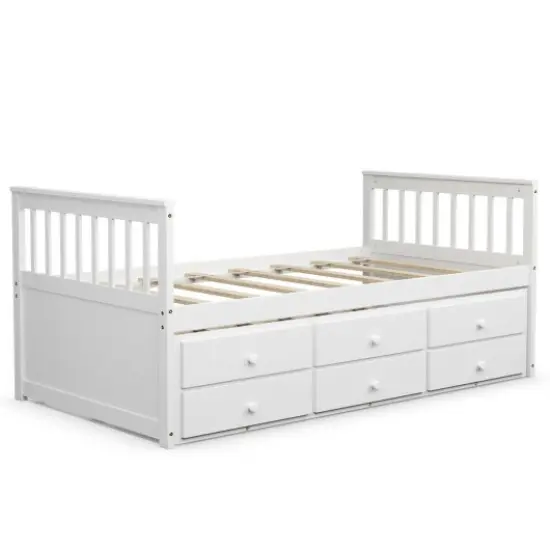 Pine Wood Twin Captain&rsquo;s Bed with Trundle and 3 Storage Drawers White {1}