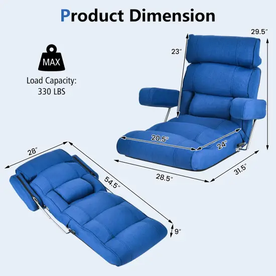 Foldable Floor Sofa Chair with 6-Position Adjustable Headrest and Metal Frame Blue {3}