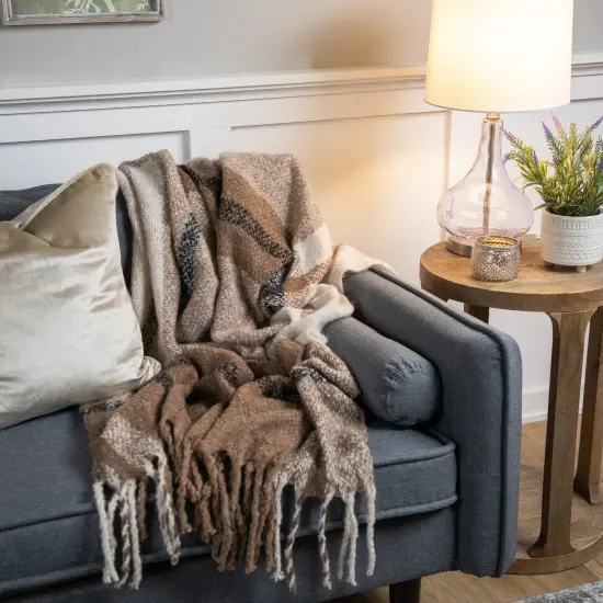 Northlight Taupe Plaid Woven Throw Blanket with Fringe 50" x 60" Brown {4}