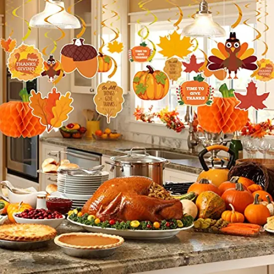 Thanksgiving Decorations 40 PCS, Pre-Assembled Thanksgiving Banner, Hanging Swirls, Fall Leaves Garland and Honeycomb Pumpkins for Thanksgiving Decor, Fall decor, Thanksgiving Decorations for Home {6}