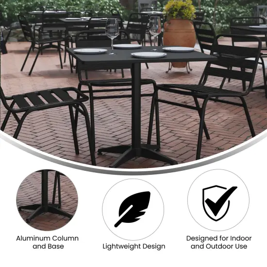 Emma and Oliver 31.5'' Square Aluminum Indoor-Outdoor Table Set with 4 Slat Back Chairs Black {6}