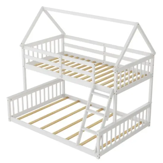 Twin Over Full House Bunk Bed with Ladder and Guardrails-White {3}