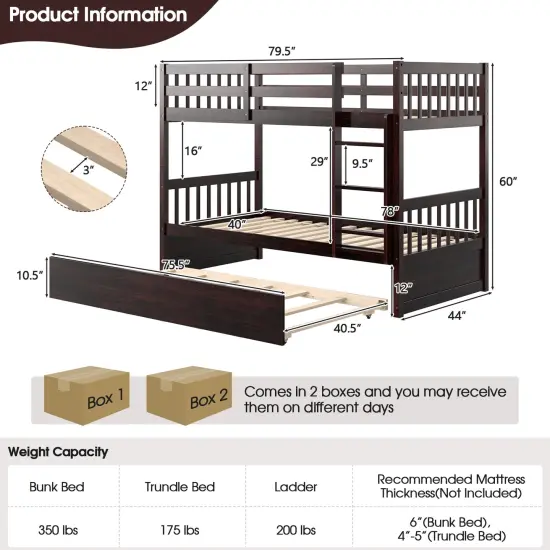 Twin Over Twin Bunk Bed with Pull-out Trundle and Ladder-Espresso {5}