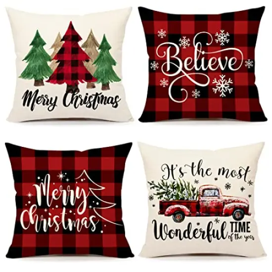 4TH Emotion Buffalo Christmas Pillow Covers 18x18 Set of 4 Red Black Farmhouse Christmas Decorations Believe Merry Christmas Wonderful Winter Holiday Decor Throw Cushion Case for Home Couch S22C38 {1}