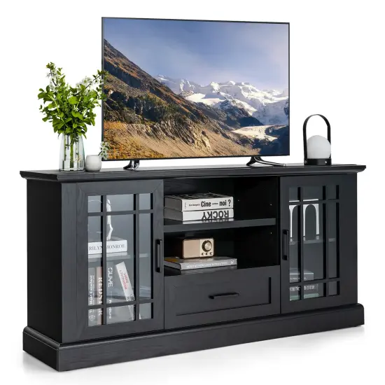 TV Stand for TVs up to 70 with Glass Doors Cubbies and Drawer-Black {4}