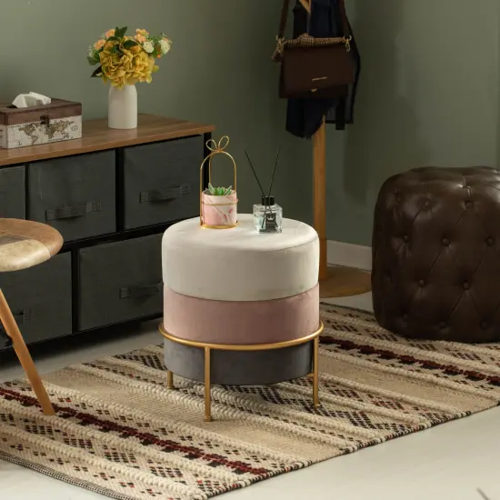 Round Velvet Ottoman Stool 16&rdquo; Tall Tricolor with Gold Metal Stand {2}