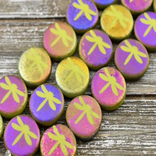 *8* 16mm Matte Laser Etched Chartreuse Dragonfly Coin Beads {2}