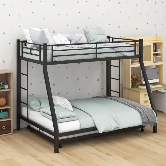 Twin Over Full Bunk Bed Frame with Trundle for Guest Room-Black {5}