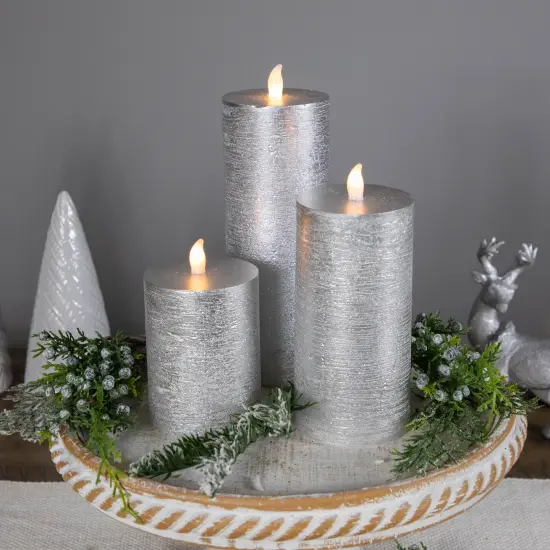 Northlight Flameless Flickering LED Wax Pillar Candles - 8" - Brushed Silver - Set of 3 {4}