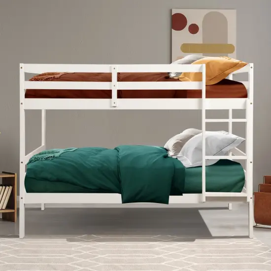 Children's Wooden Slat Design Twin Bunk Bed with Headboard and Footboard White {6}