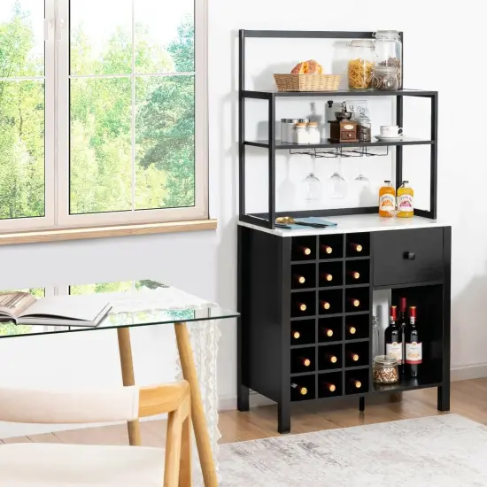 Kitchen Bakers Rack Freestanding Wine Rack Table with Glass Holder and Drawer Black {2}