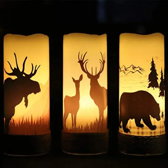 Flameless Flickering Led Candles with Hemp Rope and 6H Timer, Battery Operated Set of 3 Real Wax Pillar Rustic Candles Warm Light with Deer, Moose, Bear Decals Decor Christmas Home(D3 x H6) {6}