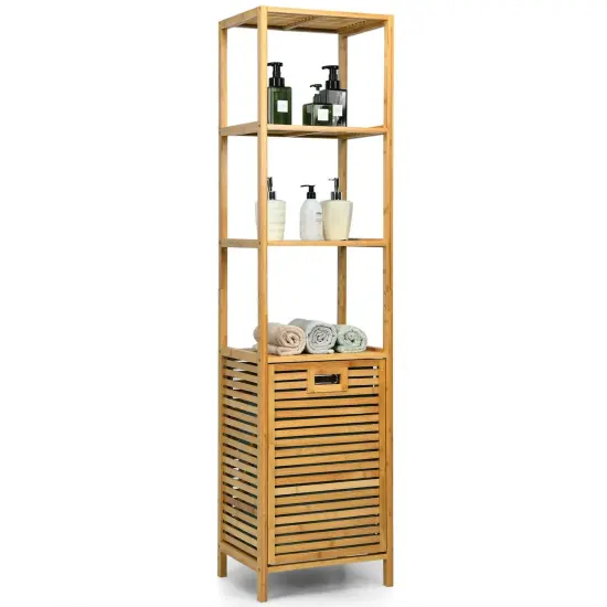 Bamboo Tower Hamper Organizer with 3-Tier Storage Shelves-Natural {1}