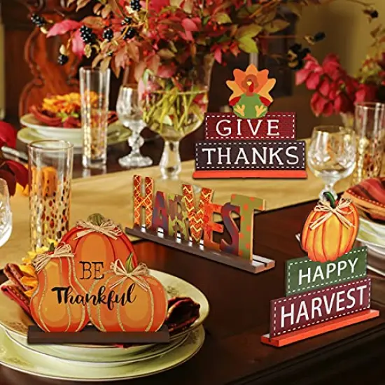 4 Pack Thanksgiving Themed Table Centerpiece Signs, Wood Pumpkin Table Decor Harvest Autumn Glittery Pumpkins Table Topper for Home Office Thanksgiving Decorations {6}