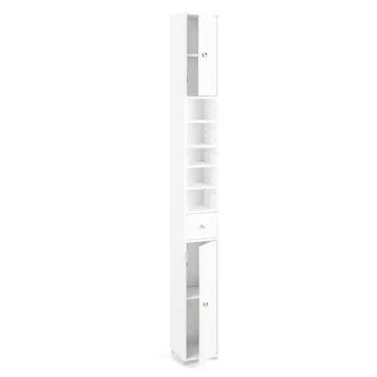 White MDF Freestanding Tall Narrow Bathroom Cabinet Storage Organizer with Drawer and Shelves {1}