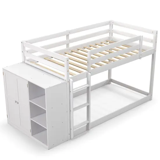 Twin Size Bunk Bed with Convertible Bookcase and Ladder-White {1}