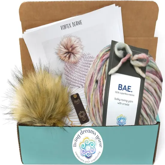 DIY Winter Hat Crochet Kit. Includes Bulky Superfine Merino Wool Yarn, Printed Pattern, Pom-Pom, Rim Tag. Soft, Cozy, Great for Gifts Baby Carriage {1}