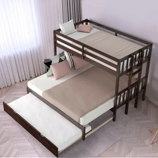 Dark Brown White Wood 4-in-1 Convertible Bunk Bed with Trundle and Ladder Espresso {2}