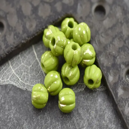Gold Washed Opaque Avocado Green Large Hole Melon Beads -- Choose Your Size {3}