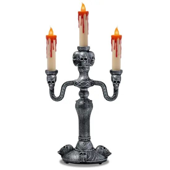 Skeleteen Haunted Halloween Candelabra Prop - LED Light up Skull Indoor Spooky Candelabra Candlesticks Holder Home Decoration for Halloween {1}