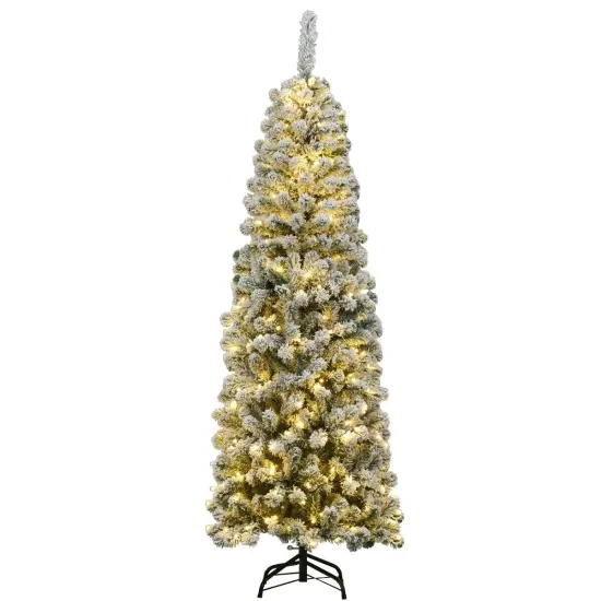 Pre-lit Snow Flocked Artificial Pencil Christmas Tree with 250 LED Lights {1}