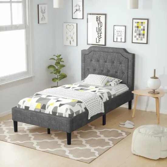 Linen Twin Upholstered Platform Bed with Frame Headboard Mattress Foundation {3}