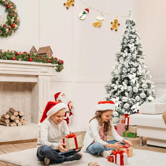 6 Feet Snow Flocked Hinged Christmas Tree with Berries and Poinsettia Flowers {3}