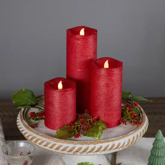 Northlight LED Flickering Flameless Textured Wax Pillar Candles - 8" - Red - Set of 3 {4}