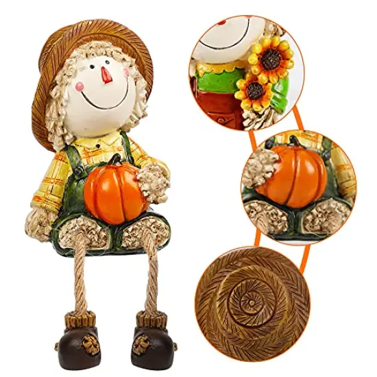 Fall Figurines, Set of 2 Resin Scarecrow Shelf Sitters with Dangling Legs, Fruit Harvest Sculpture for Window Sill Kitchen Tabletop Autumn Home Decoration {3}