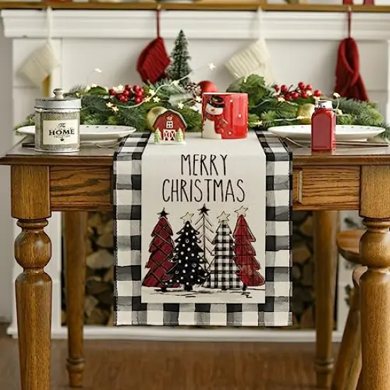 Waterclor Buffalo Plaid Christmas Trees Merry Xmas Table Runner, Seasonal Winter Holiday Kitchen Dining Table Decoration for Indoor Outdoor Home Party Decor 13 x 72 Inch {6}