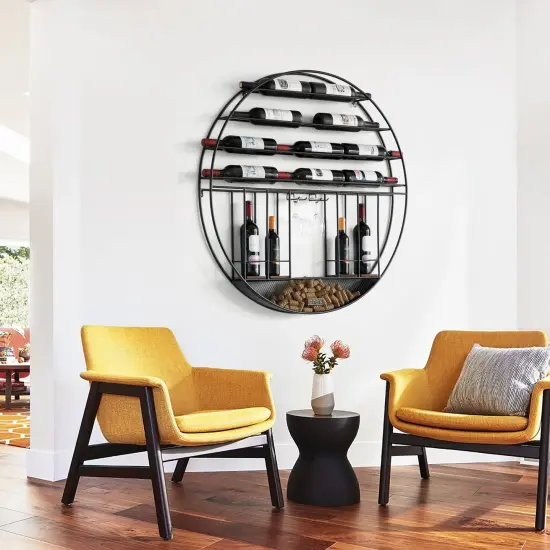 Vintage Decorative Modern Black Metal Round Wall Mounted Wine Display Rack {12}