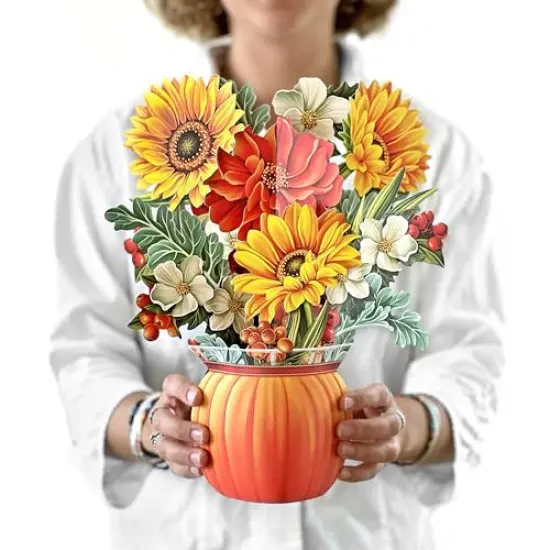 Freshcut Paper Pop Up Cards, Pumpkin Harvest, 12 inch Life Sized Forever Flower Bouquet 3D Popup Thanksgiving, Autumn, Fall Greeting Cards with Note Card and Envelope - Harvest Party Decoration {1}