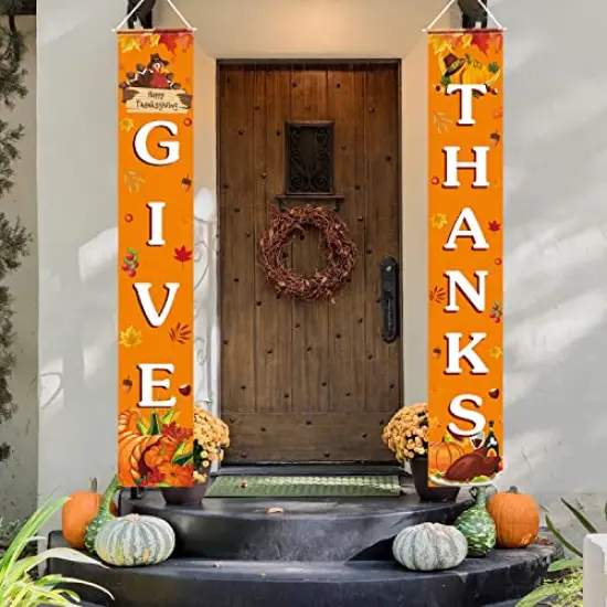 Thanksgiving Decorations GIVE THANKS Banner Porch Door Sign Autumn Fall Welcome Banner For Indoor Outdoor Wall Thanksgiving Decorations For Home {2}